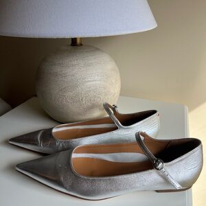 Aeyde Cleo Silver Metallic Leather Pointed Toe Mary Jane Flats Size EU 38.5